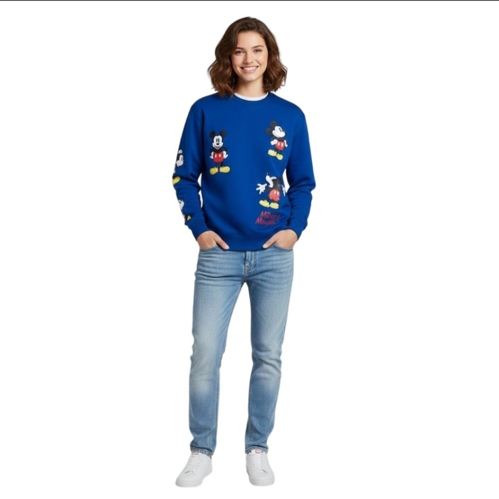 Disney Mickey Mouse All Over Print Embroidered Blue Unisex Sweatshirt Size M